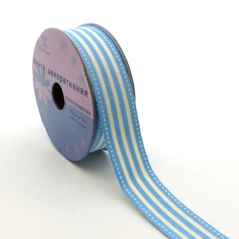Лента декоративная "Рукоделие" PCRN-002 Полоски (голуб.)15мм х 3м
