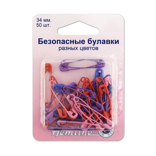 Булавки "Hemline" 414.AC, безопасные, цветные, 34 мм, 50 шт. в блистере