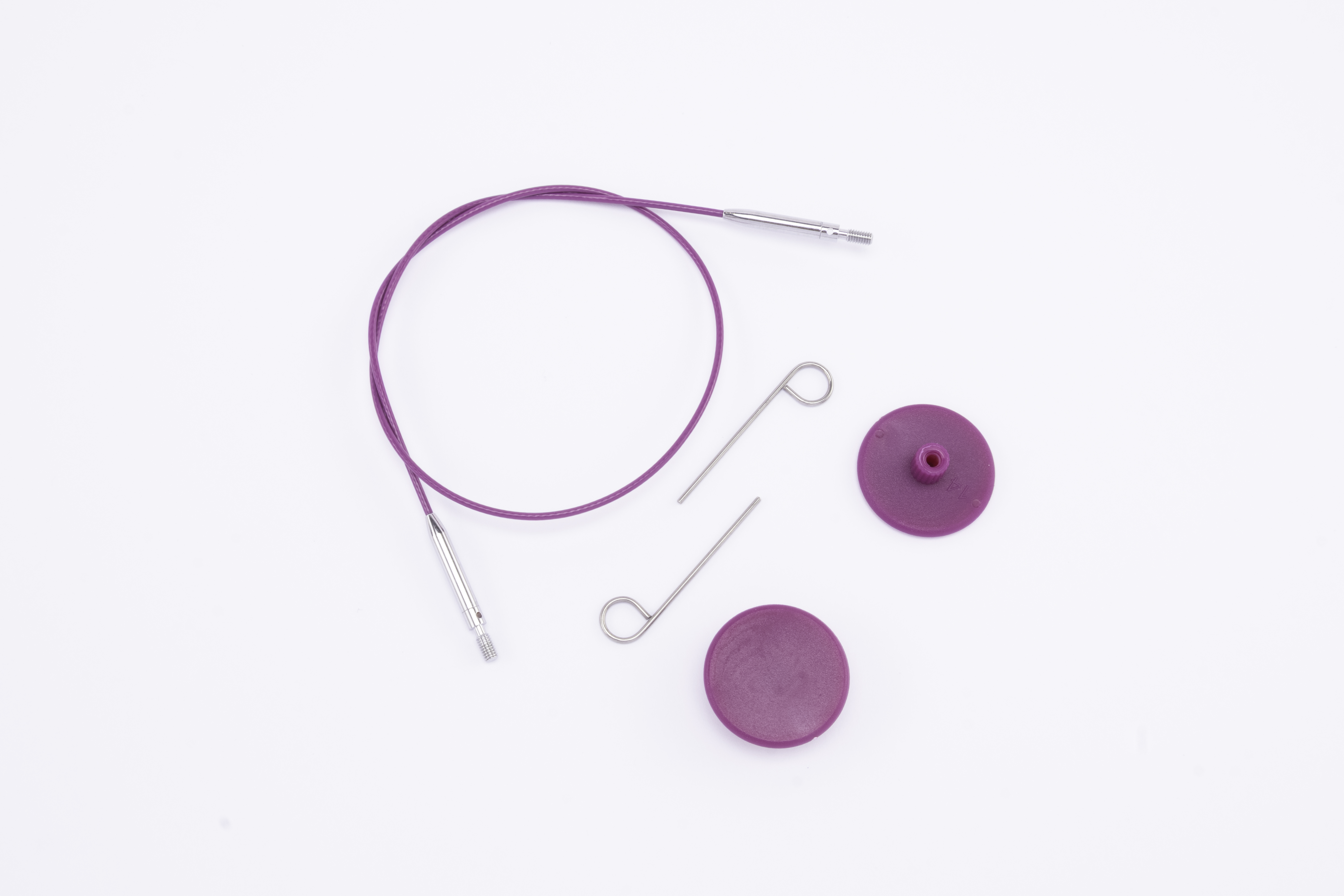 Набор: фиолетовый стальной тросик 28см (50см), 2 заглушки и кабельный ключик KnitPro, 10662