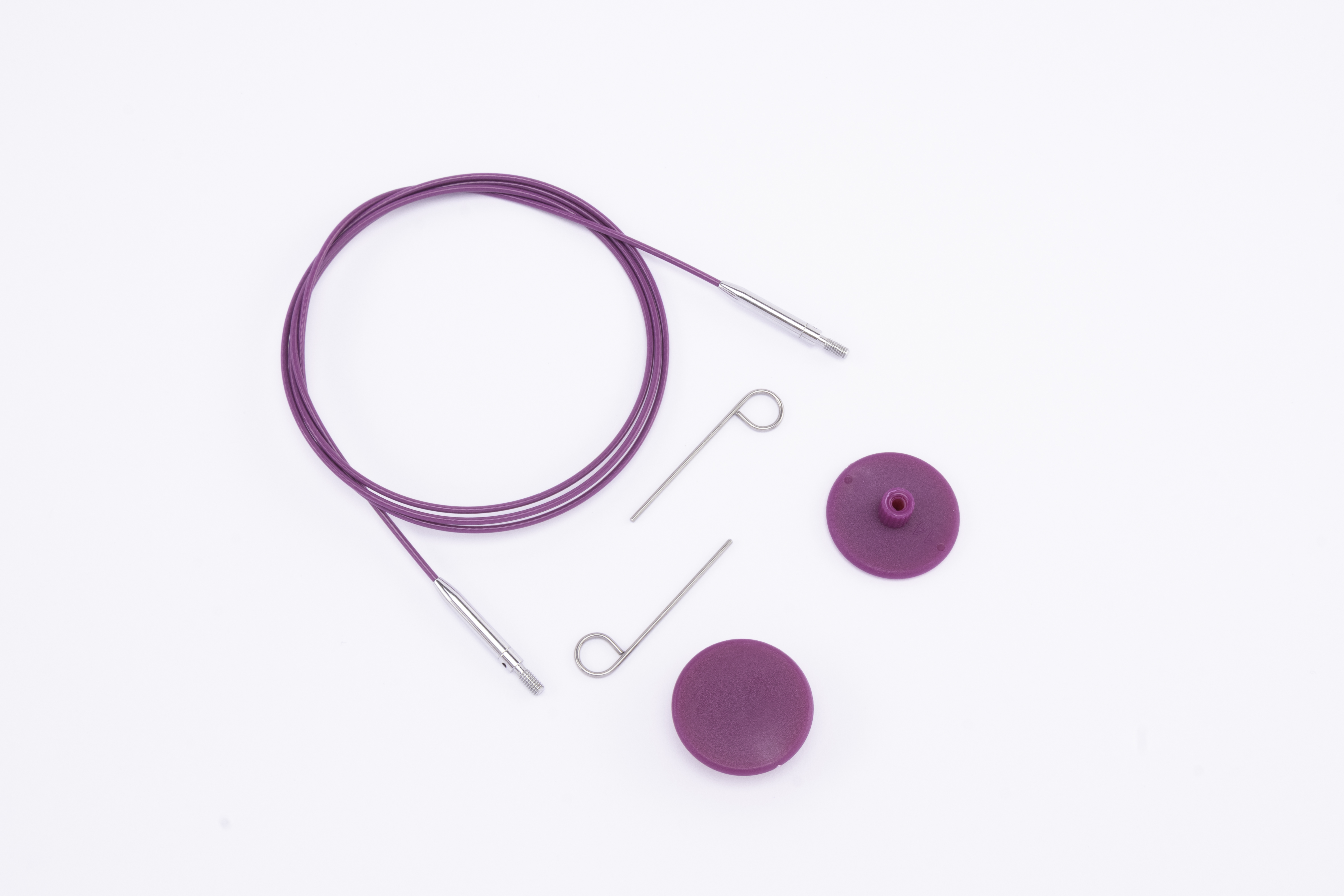 Набор: фиолетовый стальной тросик 35см (60см), 2 заглушки и кабельный ключик KnitPro, 10663