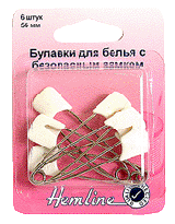 Булавки "Hemline" 413, для белья с безопасным пластиковым замком, 56мм, 6шт.цвет Белый
