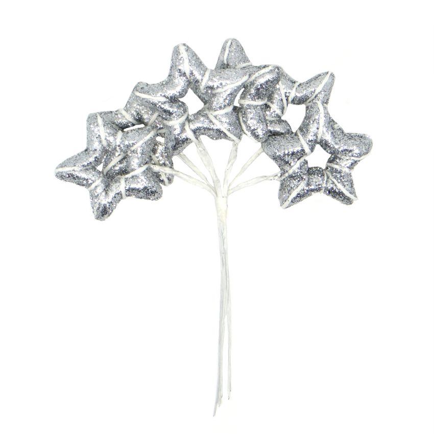 Декоративный букетик "Рукоделие" звезды в глиттере (серебро) DKB212
