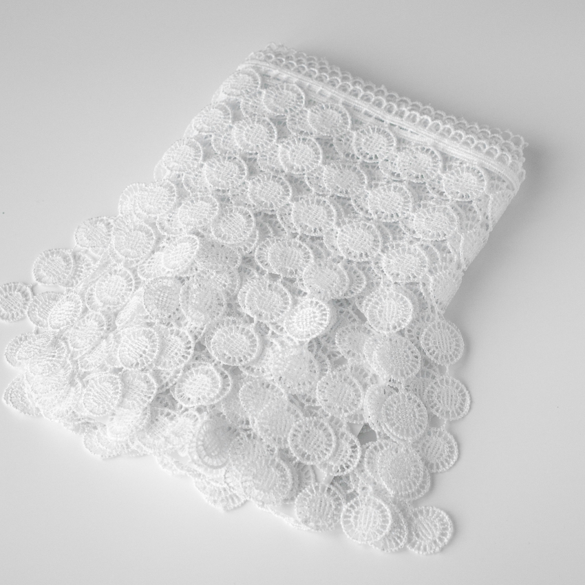 Кружево гипюр с подвесками круги, белый 20*270 см