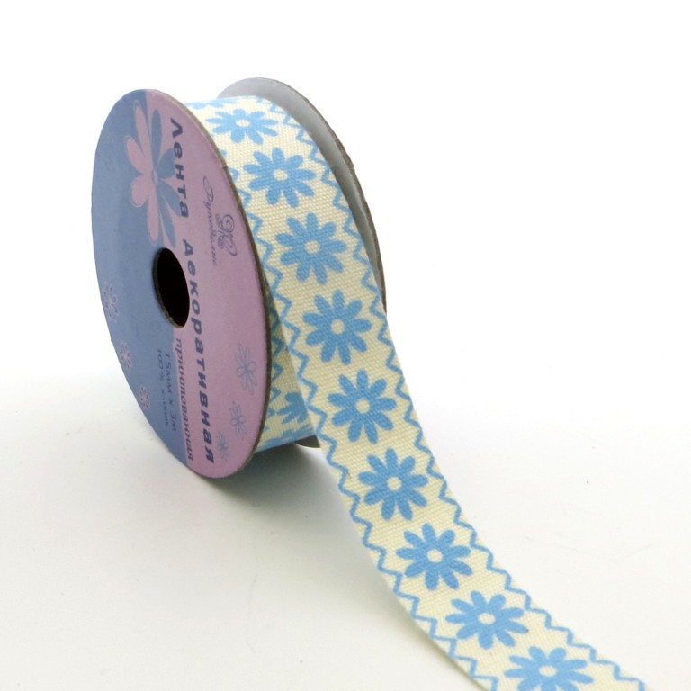 Лента декоративная "Рукоделие" PCRN-002 Ромашки (голуб.)15мм х 3м