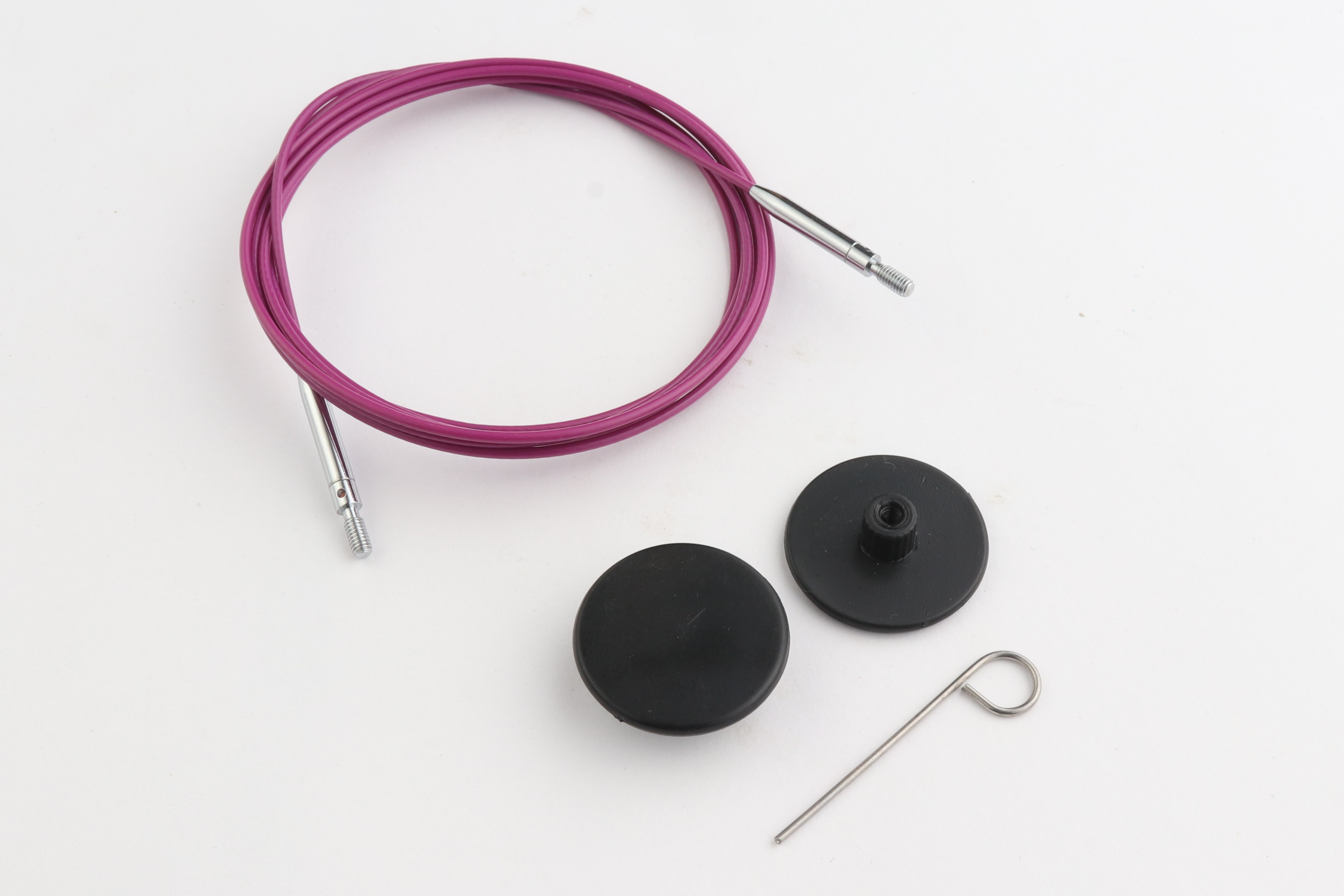 Набор: фиолетовый стальной тросик 126см (150см), 2 заглушки и кабельный ключик KnitPro, 10667