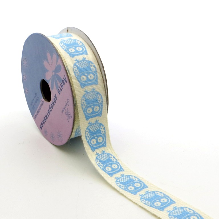 Лента декоративная "Рукоделие" PCRN-002 Совушки (голуб.)15мм х 3м