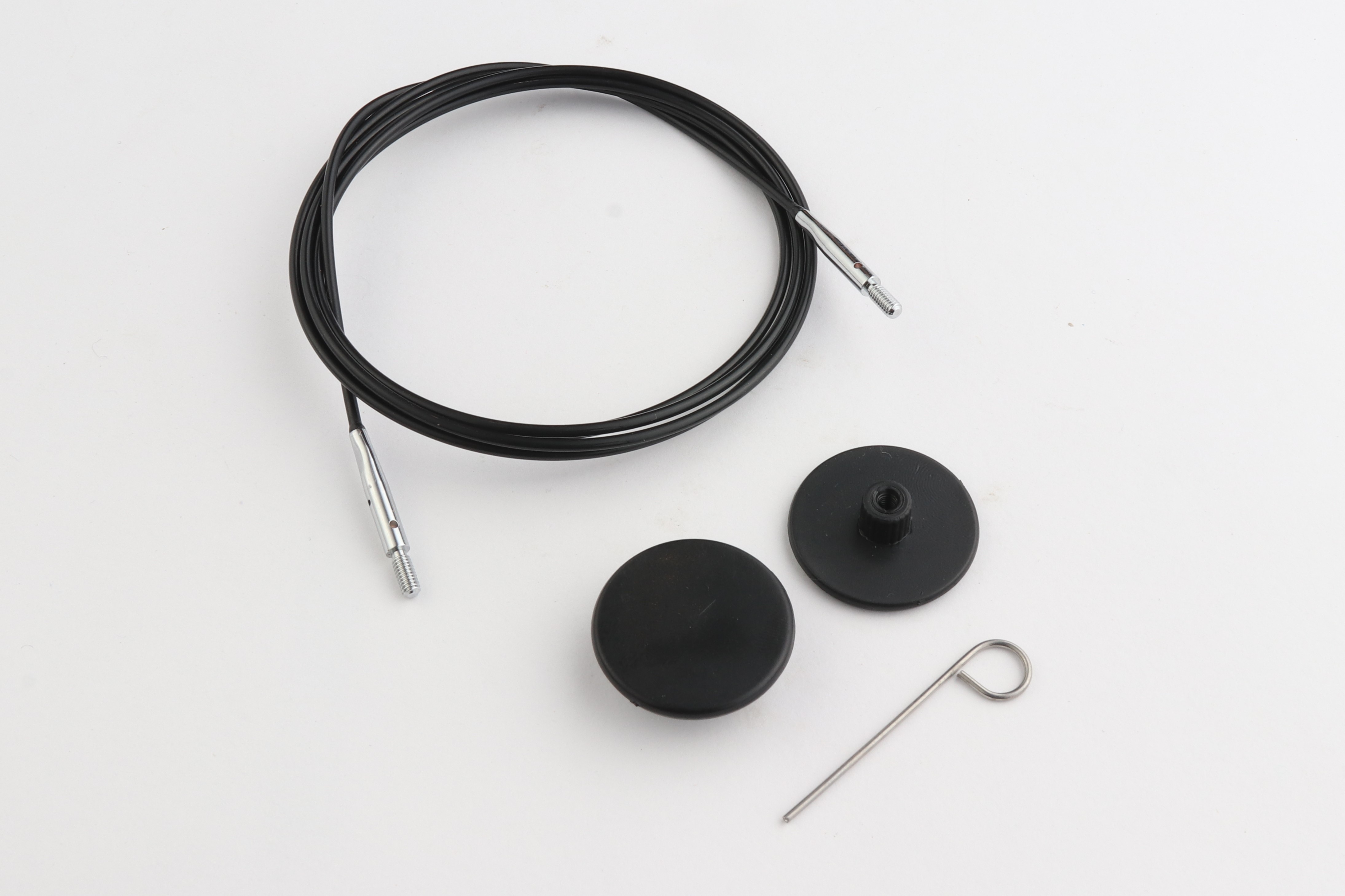 Набор: черный тросик 94 см (120 см) с соед. серебро, 2 заглушки и каб. ключик KnitPro, 10686