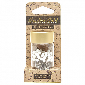 Булавки удлиненные с белыми пластиковыми головками в баночке 60 шт «Hemline» 678.WH.HG
