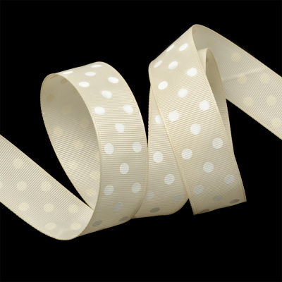 Лента репсовая в рубчик арт.LDRG81502925 (125) крупный горох 25мм  цв.бежевый-белый уп.27,4м