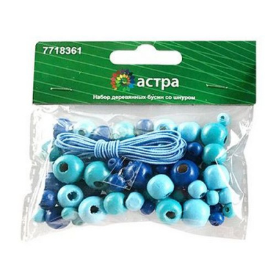 Набор деревянных бусин со шнуром «Астра» 160815 голубой микс 90шт/упак (6,8,10,12мм)
