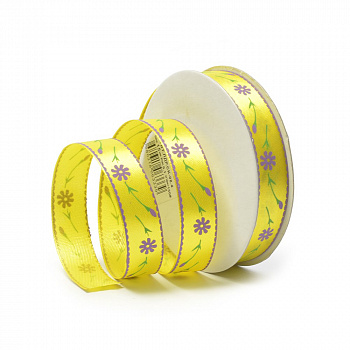 Лента атласная с рисунком арт.TBY.ЛДР.CK-08.4 шир.1,5см цв.150 уп.9,14 м, цветы на жёлтом