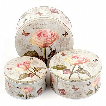 Набор из 3-х жестяных коробочек TBY-03369.2 "Роза" круг d=20, 17, 14 см