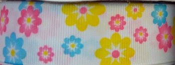 Лента репсовая 'Цветочки 2' 2,5 см*22,86 м  (желтый/розовый)