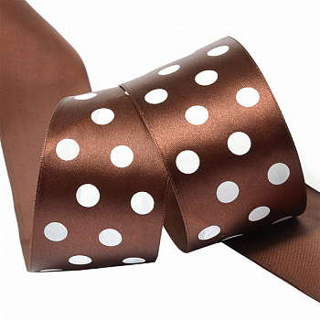 Лента атласная арт.LDAG86802950 (69) крупный горох 50мм цв.коричневый-белый уп.27,4м