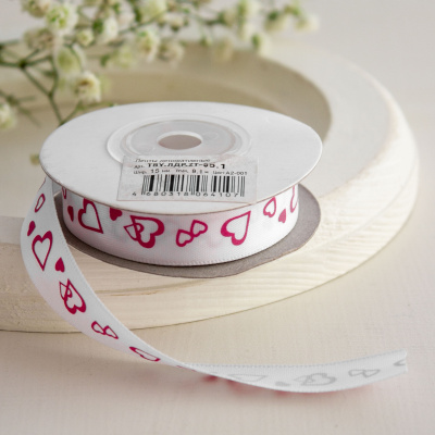 Лента атласная с рисунком арт.TBY.ЛДР.ZT-05.1 шир.1,5см цв.A2-001 уп.9,14 м сердечки на белом