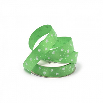 Лента атласная с рисунком арт.TBY.ЛДР.ZT-06.3 шир.1,5см цв.A2-0125 уп.9,14 м сердечки на зелёном