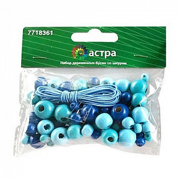 Набор деревянных бусин со шнуром «Астра» 160815 голубой микс 90шт/упак (6,8,10,12мм)