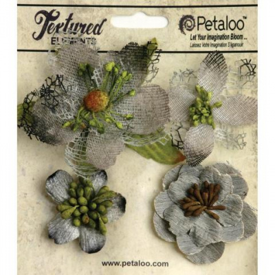Набор цветов из ткани "Petaloo" 1256-210 Mixed Textured Blossoms х 4 (серый)