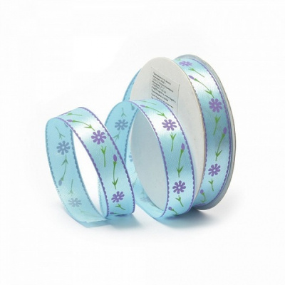Лента атласная с рисунком арт.TBY.ЛДР.CK-08.2 шир.1,5см цв.11 уп.9,14 м, цветы на бирюзе