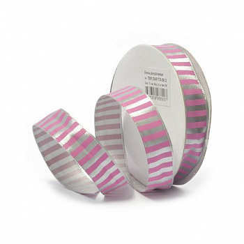 Лента атласная с рисунком арт.TBY.ЛАР.TX- 06.3 шир.1,5см цв.79 (роз.полоски на сером)  уп.9,14 м