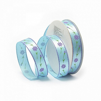 Лента атласная с рисунком арт.TBY.ЛДР.CK-08.2 шир.1,5см цв.11 уп.9,14 м, цветы на бирюзе