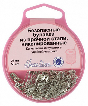 Булавки безопасные "Hemline" 410.00 в пластиковом круглом контейнере, сталь 23мм, в блистере 50шт.