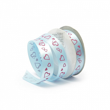 Лента атласная с рисунком арт.TBY.ЛДР.ZT-05.2 шир.1,5см цв.A2-085 уп.9,14 м сердечки на голубом