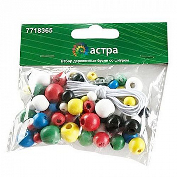 Набор деревянных бусин со шнуром «Астра» 160819 яркий микс 90шт/упак (6,8,10,12мм)